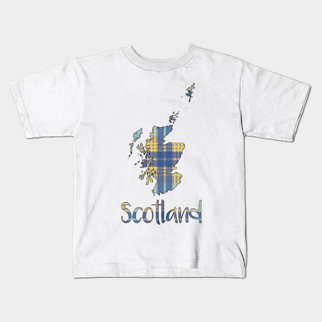 Scotland Blue and Yellow Tartan Map Typography Design Kids T-Shirt by MacPean